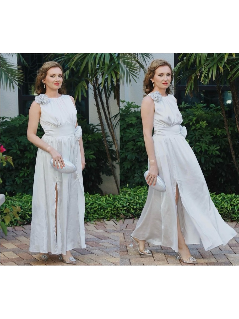 Rihoas Silver Satin Feel Floral Maxi Dress Size S